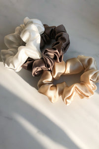 Set of 3 M size natural silk scrunchies - cappuccino beige, delicious mocha & white pearl