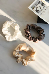Set of 3 M size natural silk scrunchies - cappuccino beige, delicious mocha & white pearl  Katrina Silks   