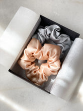 Load image into Gallery viewer, Set of 2 L size natural silk scrunchies - cappuccino beige &amp; misty blue  Katrina Silks   
