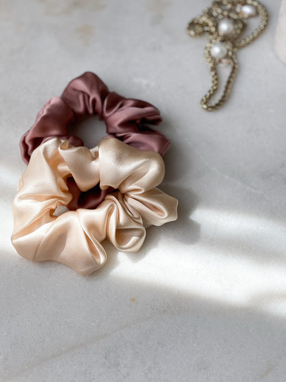 Set of 2 L size natural silk scrunchies - cappuccino beige & powder rose  Katrina Silks   