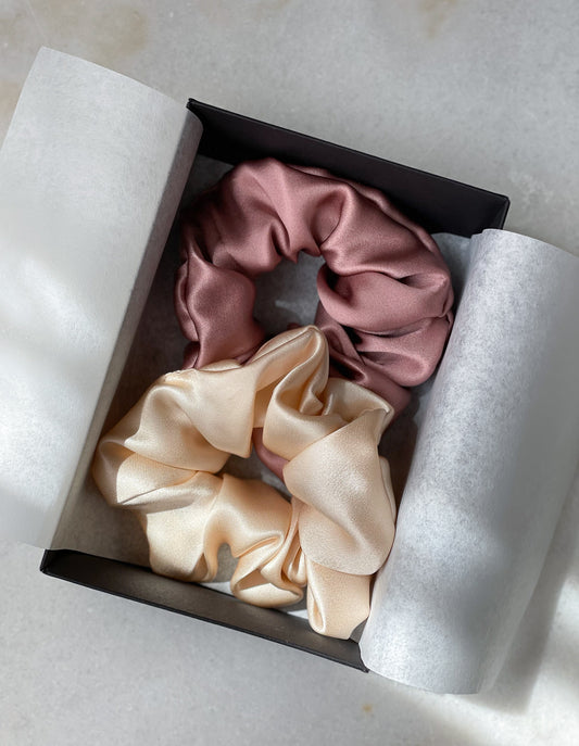 Set of 2 L size natural silk scrunchies - cappuccino beige & powder rose  Katrina Silks   