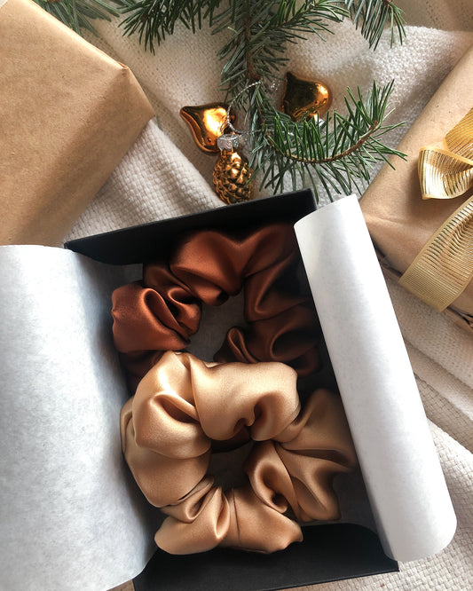 Set of 2 L size natural silk scrunchies - golden palm & cannelle elegante  Katrina Silks   