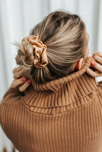 Load image into Gallery viewer, L size golden palm silk scrunchie in blond hair messy bun
