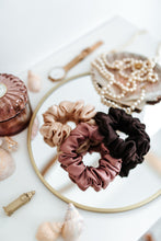 Load image into Gallery viewer, Set of 3 M size natural silk scrunchies - cappuccino beige, powder rose &amp; chocolate brown  Katrina Silks   
