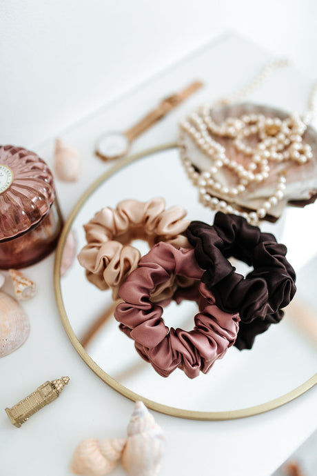 Set of 3 M size natural silk scrunchies - cappuccino beige, powder rose & chocolate brown  Katrina Silks   