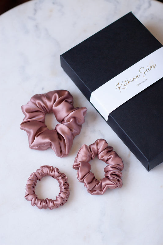 Set of 3 - natural silk scrunchie Powder Rose  Katrina Silks   