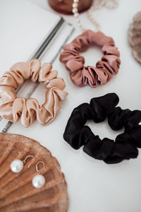 Set of 3 M size natural silk scrunchies - cappuccino beige, powder rose & black night  Katrina Silks   