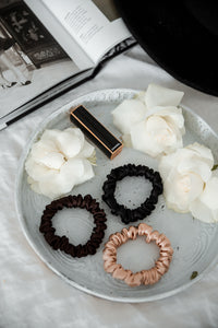 Set of 3 S size natural silk scrunchies - cappuccino beige, chocolate brown & black night  Katrina Silks   
