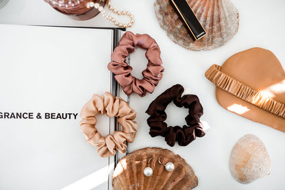 Set of 3 M size natural silk scrunchies - cappuccino beige, powder rose & chocolate brown  Katrina Silks   