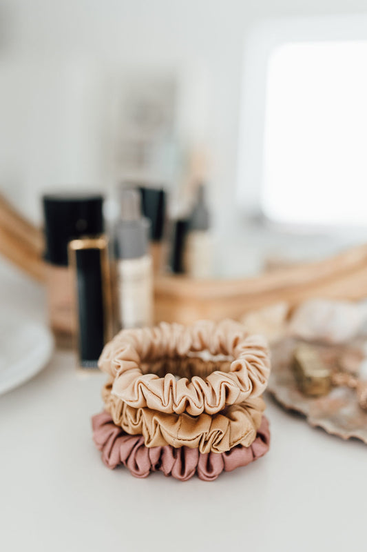 Set of 3 S size scrunchies - cappuccino beige, powder rose & golden palm  Katrina Silks   
